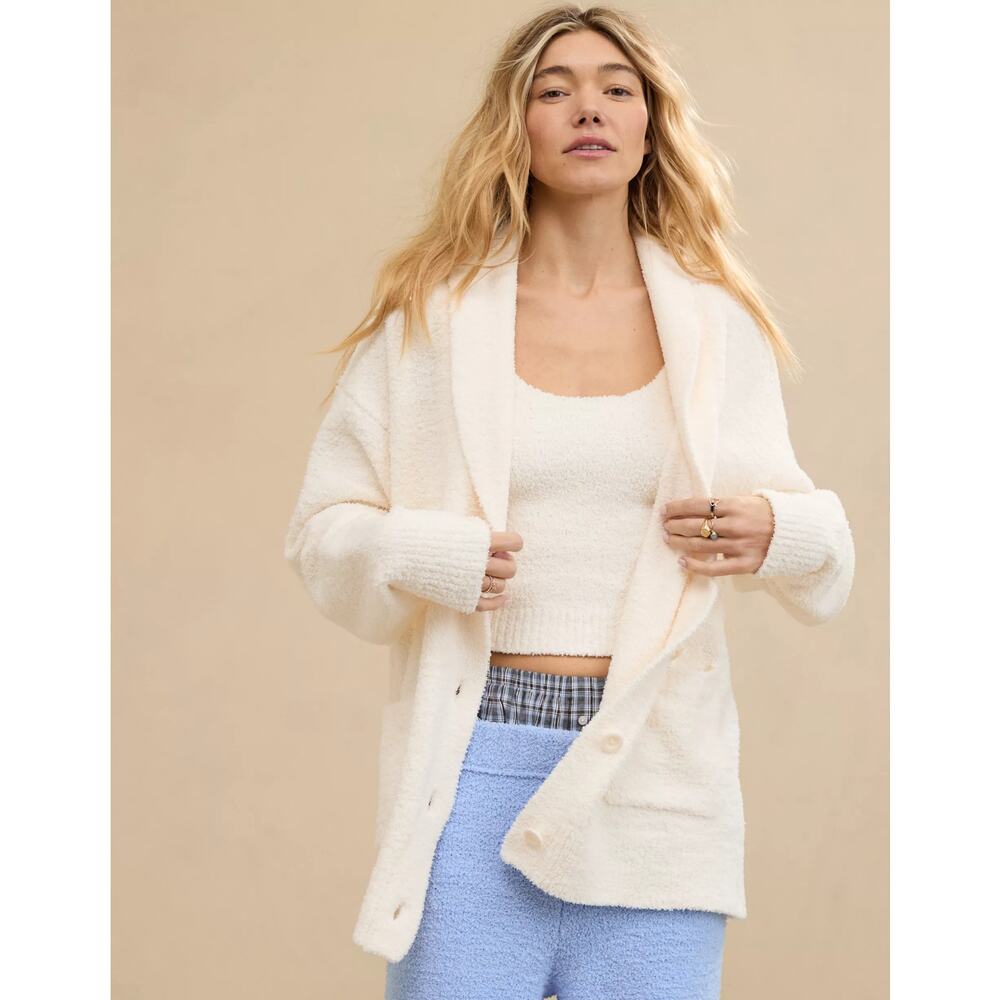 Aerie Marshmallow Long Cardigan Sweater Size Medium Cream Pockets Relaxed